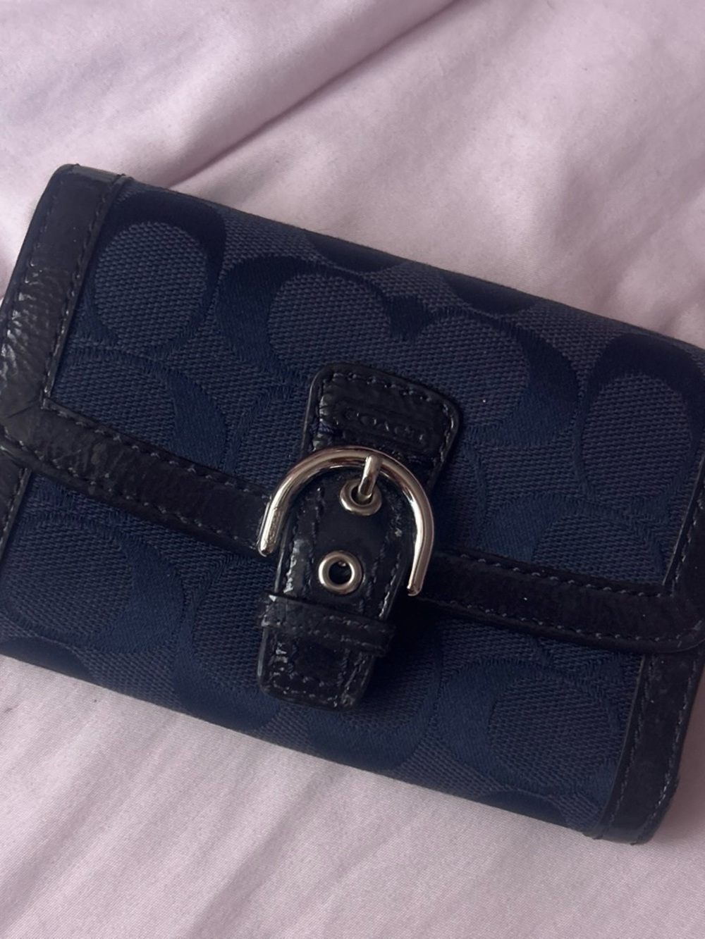 Coach Navy Signature Canvas Wallet with Black Leather Trim and Silver Buckle